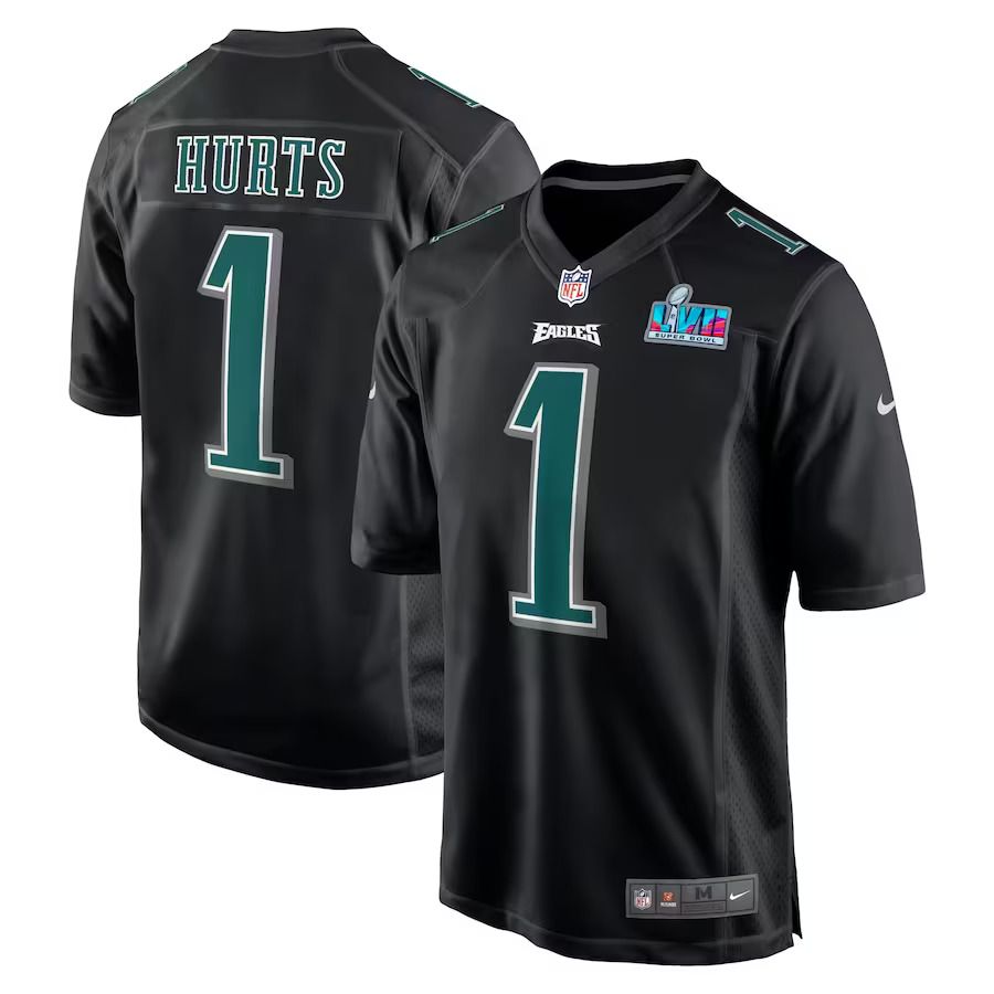 Men Philadelphia Eagles #1 Jalen Hurts Nike Black Super Bowl LVII Patch Fashion Game NFL Jersey